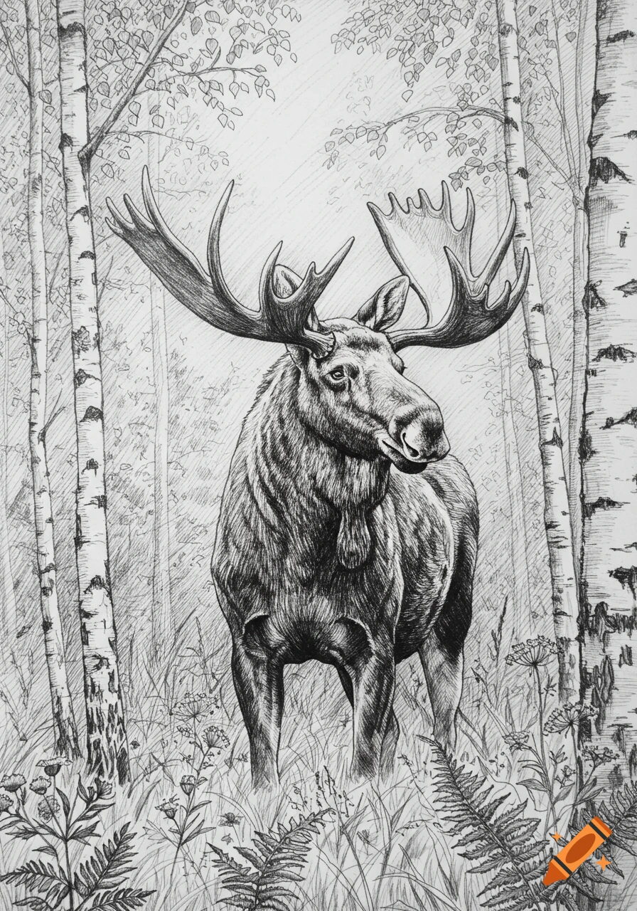 A detailed black and white pencil sketch of a large moose with impressive antlers standing in a birch forest, looking right.