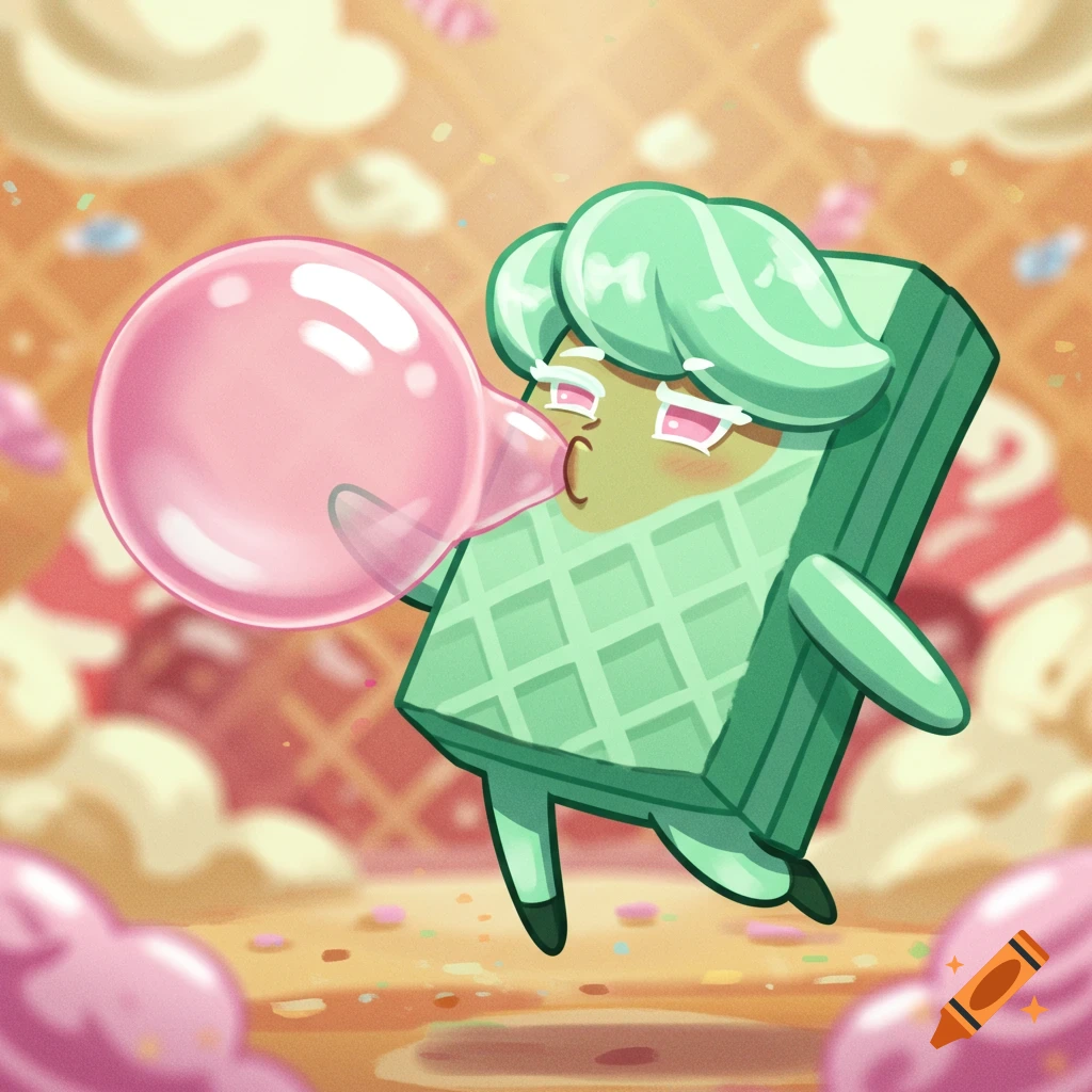A mint wafer cookie character with mint green hair blowing a large pink bubblegum, against a blurry waffle-patterned background.