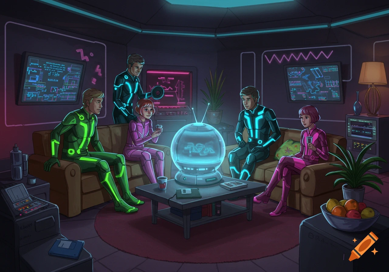 An illustration of five people in a dimly lit, retro-futuristic room with glowing neon accents, watching a spherical screen.