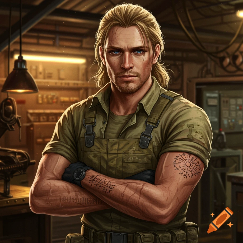 A strong, blonde man with blue eyes and tattoos on his forearms, wearing a military-style shirt and overalls, stands with crossed arms in a dimly lit workshop.