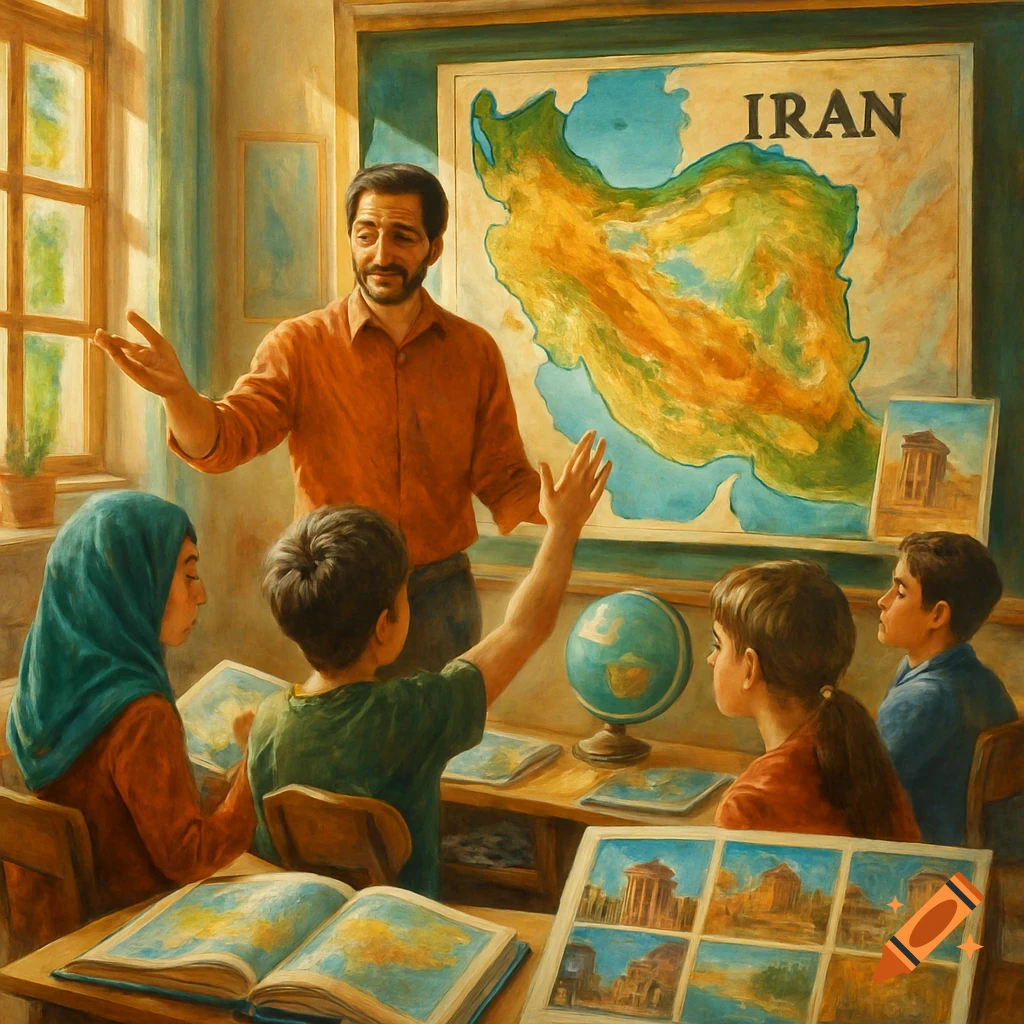 A male teacher in a classroom points to a map of Iran as students, one wearing a teal headscarf, look at books and a globe. Painting style.