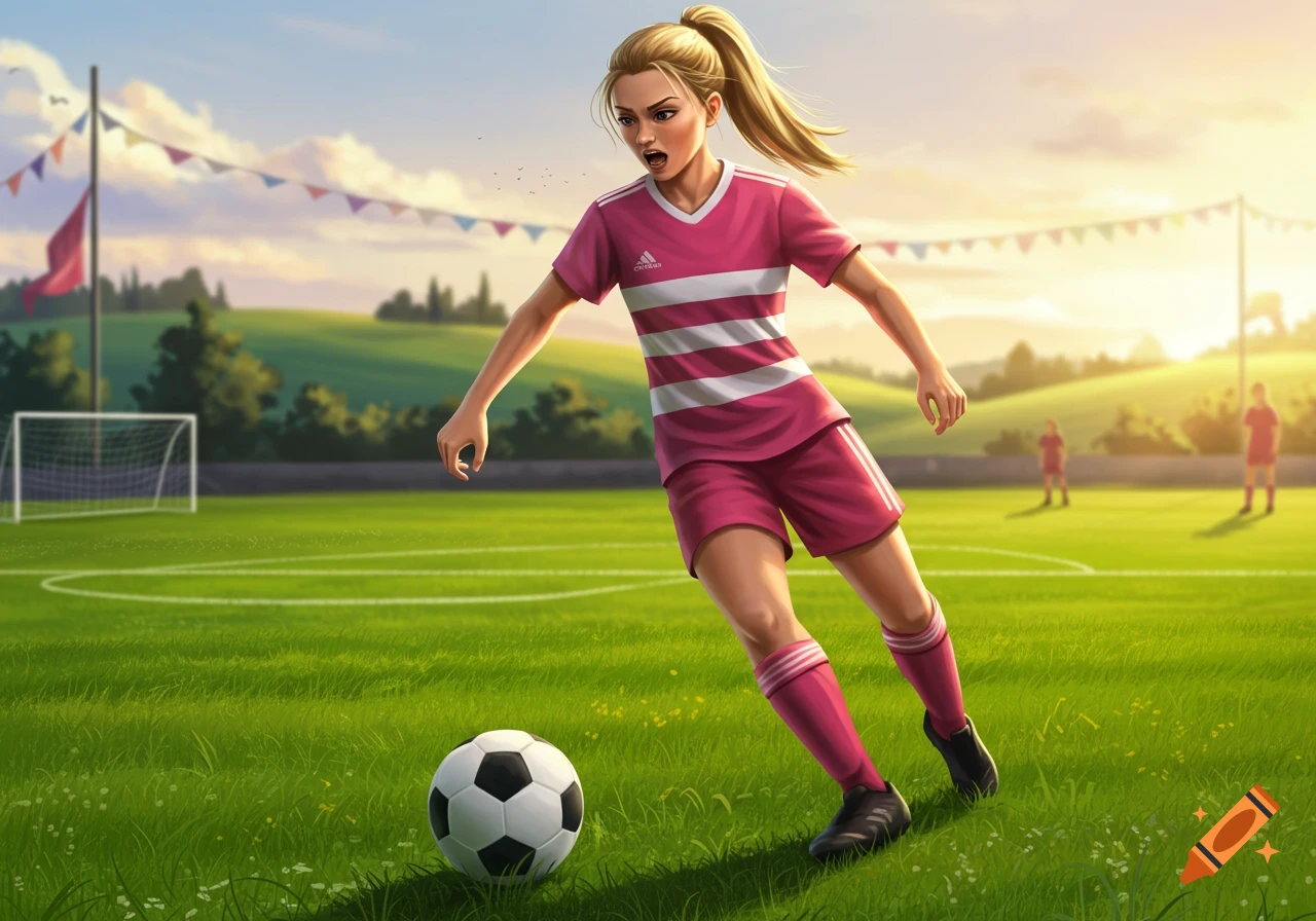 Blonde female soccer player in a pink jersey dribbles a soccer ball on a green field at sunset in an illustrative style.