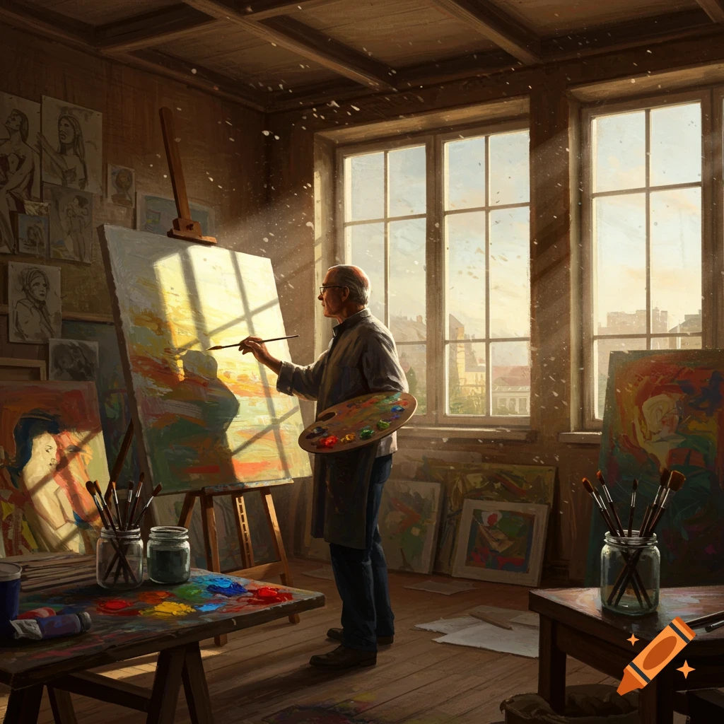 An old painter in a sunlit art studio, holding a palette and painting on a canvas, surrounded by other artworks and supplies.
