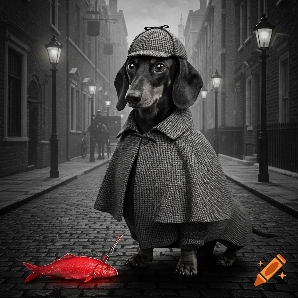 A dachshund dressed as Sherlock Holmes in a black and white Victorian street, looking at a red herring on the ground with selective red color.