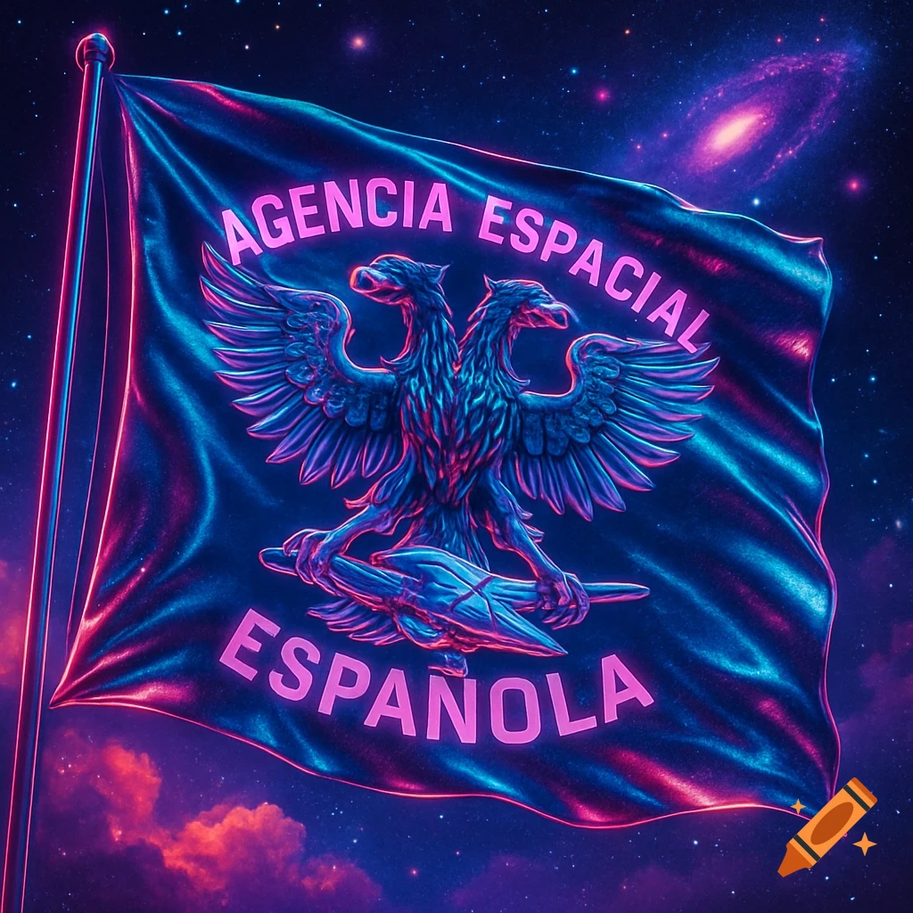 Neon-lit flag with a double-headed eagle and 'AGENCIA ESPACIAL ESPAÑOLA' against a starry space background, retro 80s style.