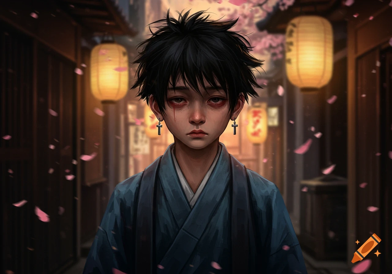 A young boy with messy black hair, red, sleep-deprived eyes, and cross earrings, wearing a blue kimono in a Japanese street with cherry blossoms.