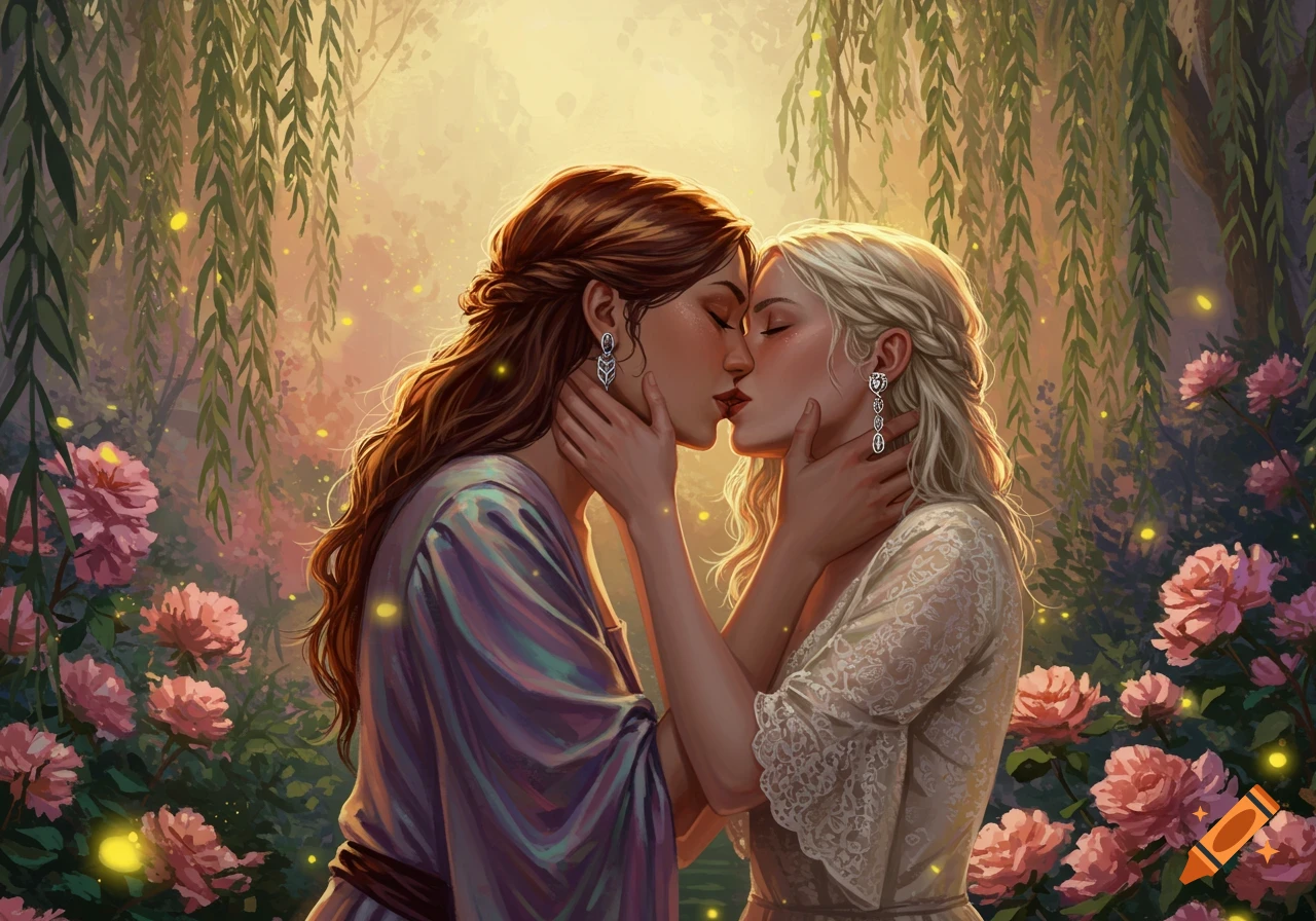 Two women kiss passionately in a lush, glowing enchanted garden with pink peonies and weeping willows.