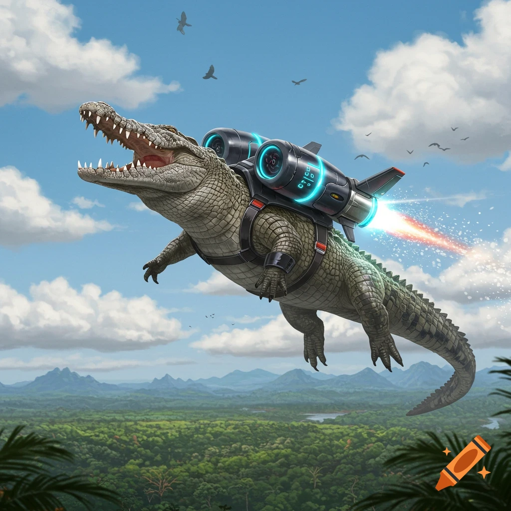 A photorealistic crocodile wearing a futuristic jetpack flies through a cloudy blue sky over a lush green jungle.