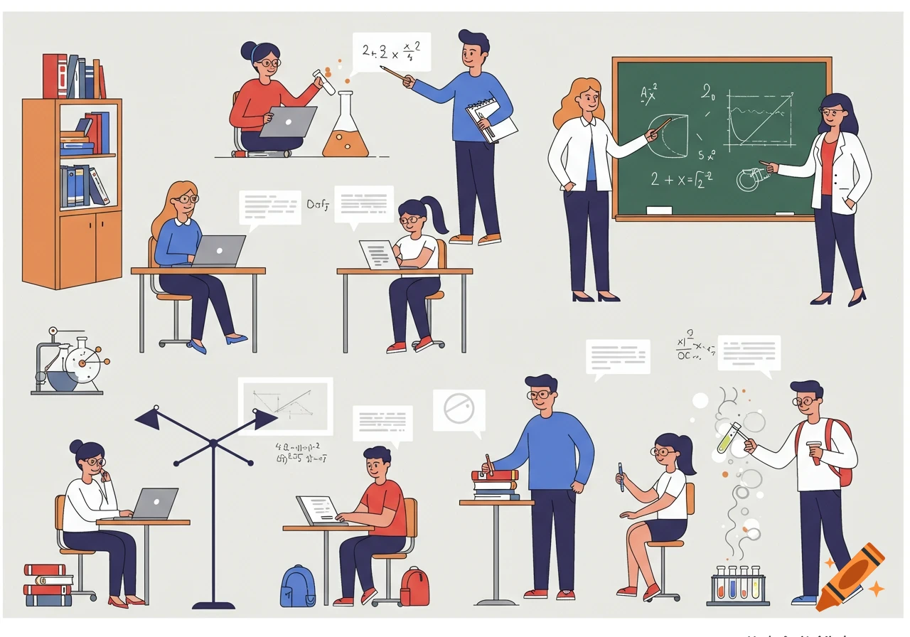 A Kurzgesagt-style illustration pack showing students and teachers engaged in various school activities like studying, experimenting, and teaching math.