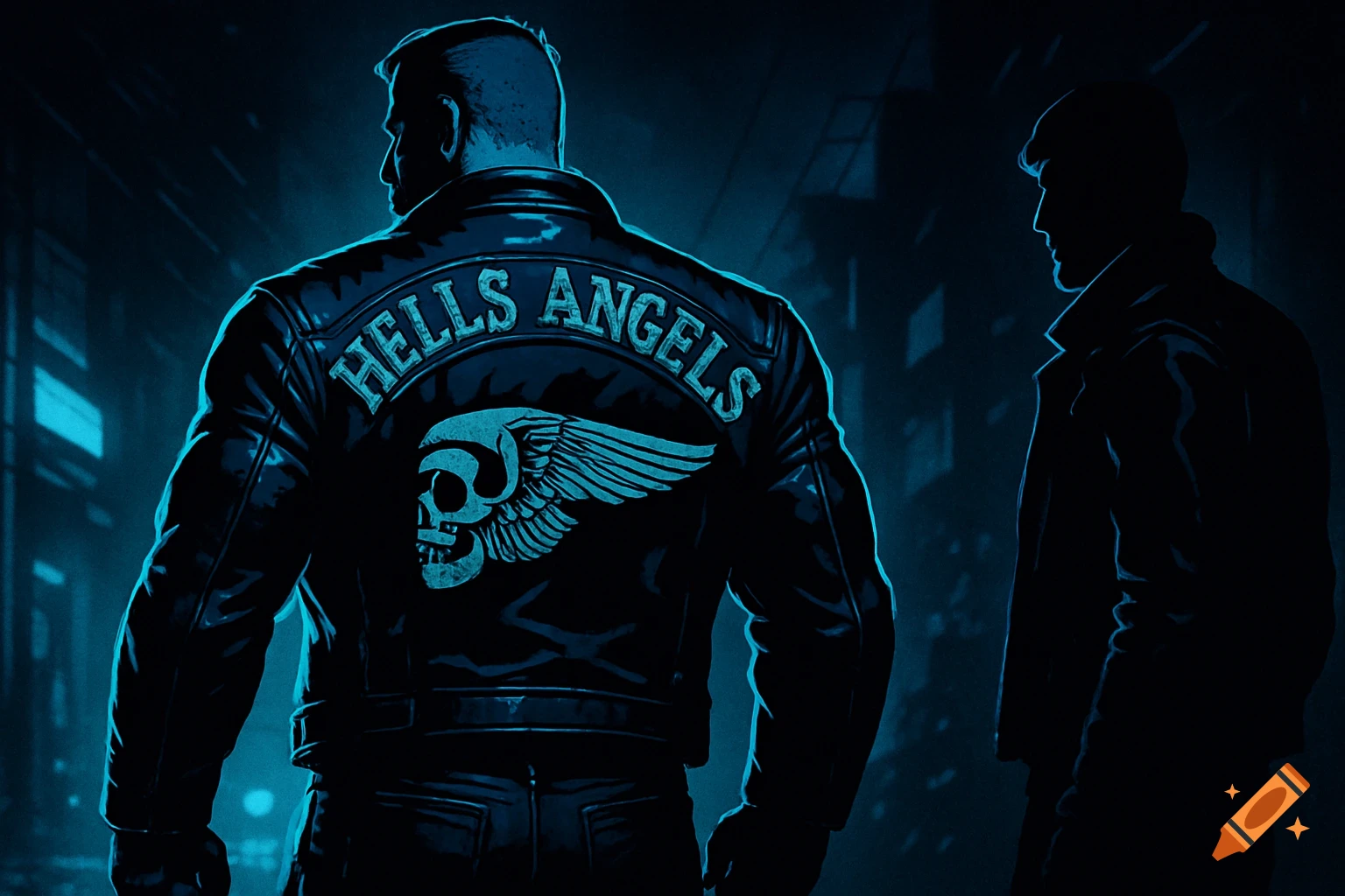 Back of a muscular biker in a leather jacket with "Hells Angels" and winged skull logo, in a dark, blue-lit, comic book style scene.