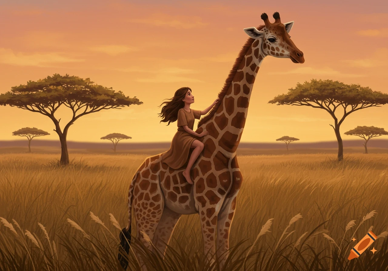 Digital painting of a girl riding a giraffe across a golden savanna at sunset.
