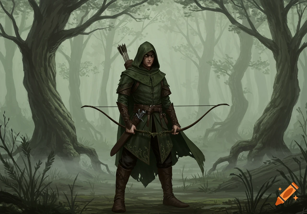 A serious medieval archer in a dark green hooded cloak stands in a misty forest, holding a bow.