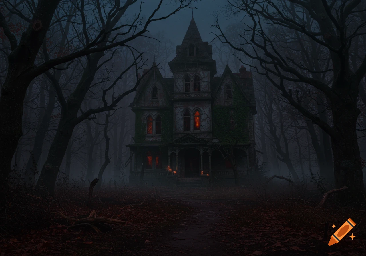 A dark, eerie gothic mansion with glowing orange windows stands in a foggy, leafless forest at night.