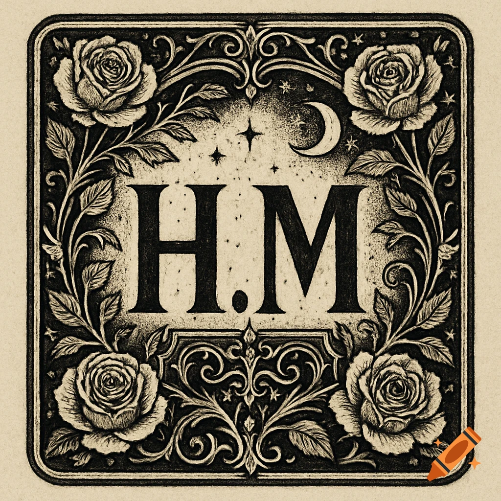 A black and white gothic vintage illustration framed with roses and vines, featuring the initials H.M under a crescent moon and stars.