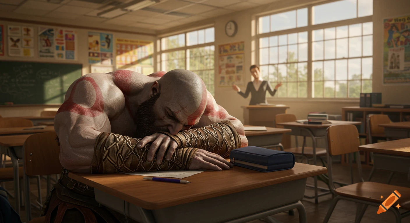 Photorealistic image of Kratos sleeping on a desk in a classroom, with a gesturing teacher blurred in the background.