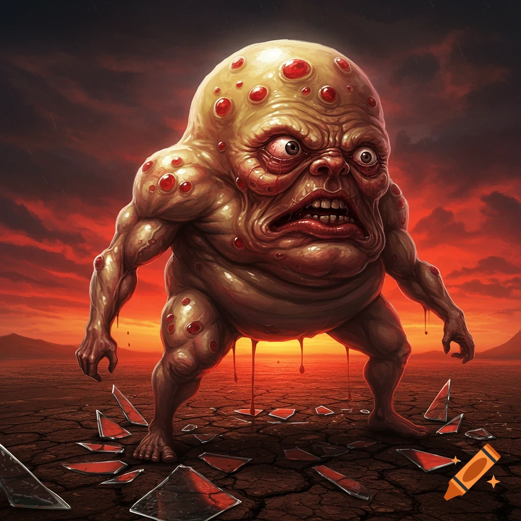 A grotesque, pimply monster with an angry face drips red liquid, standing on cracked earth with shattered glass under a dark red sky.