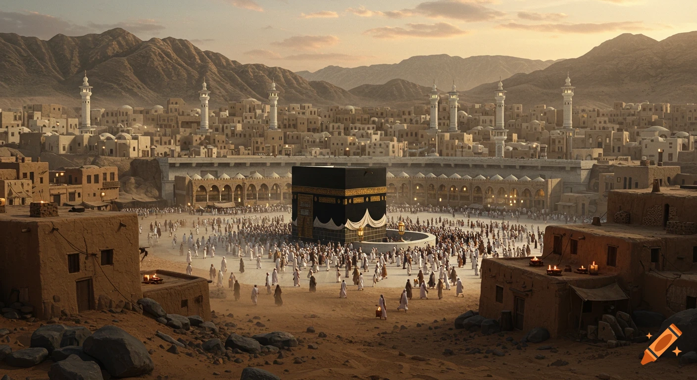 An ancient desert city at sunset with a large crowd gathered around the Kaaba, surrounded by mountains.