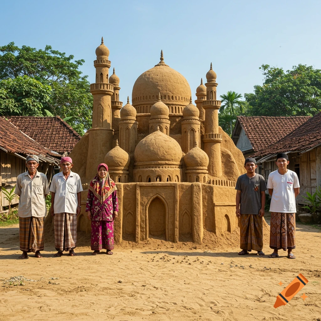Five Indonesian villagers stand proudly before a magnificent sand mosque sculpture in a sunny village setting.