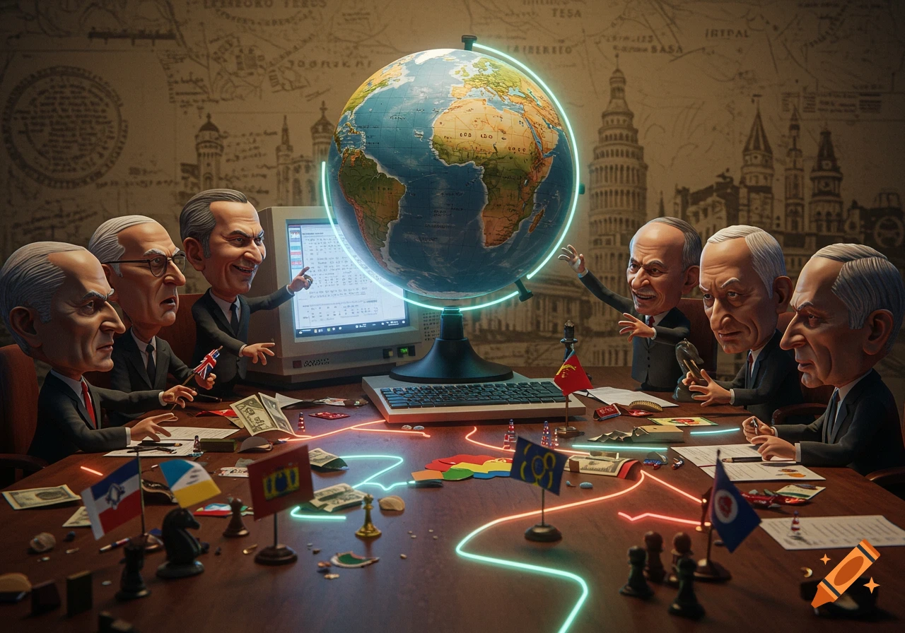 Cartoonish political leaders with exaggerated heads discuss global affairs around a table with a glowing globe, computer, flags, and money.