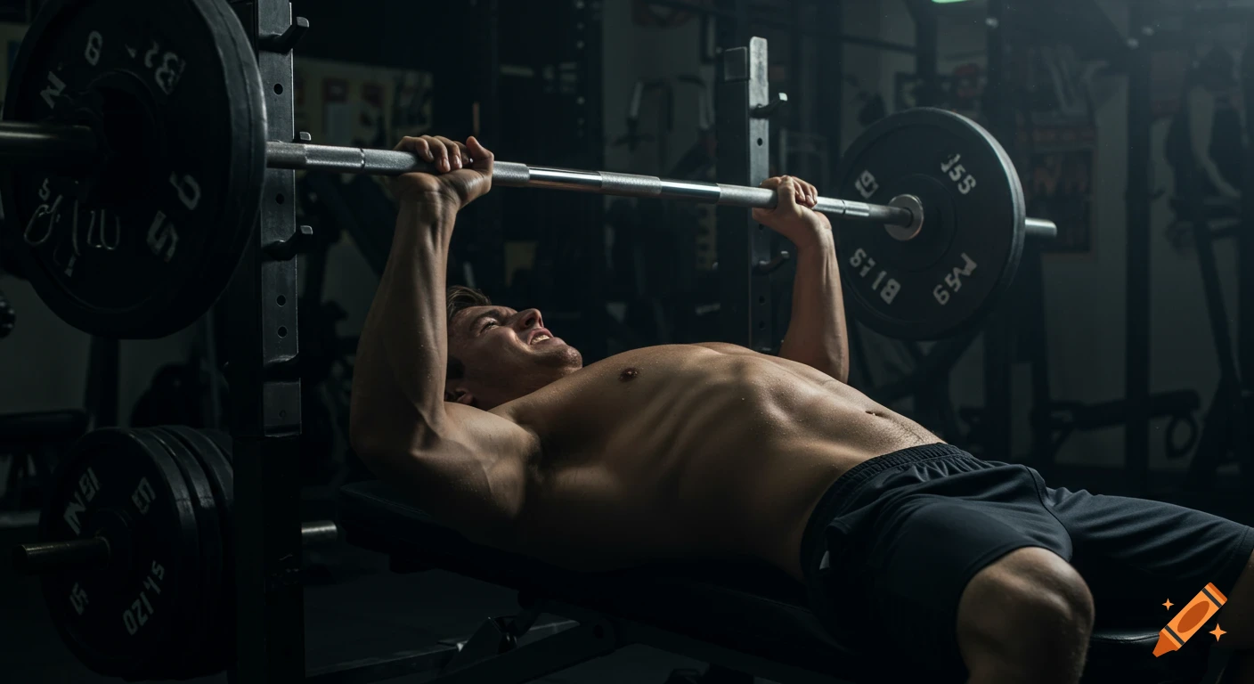 Photorealistic image of a man intensely bench pressing a heavy barbell in a dimly lit gym, dramatic lighting on his muscular, sweating body.