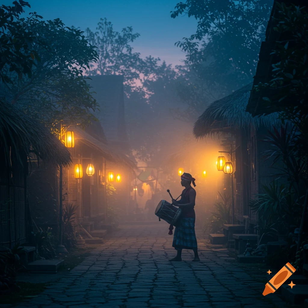 Person playing a drum on a misty, lantern-lit path in a traditional village at dusk, photorealistic style.