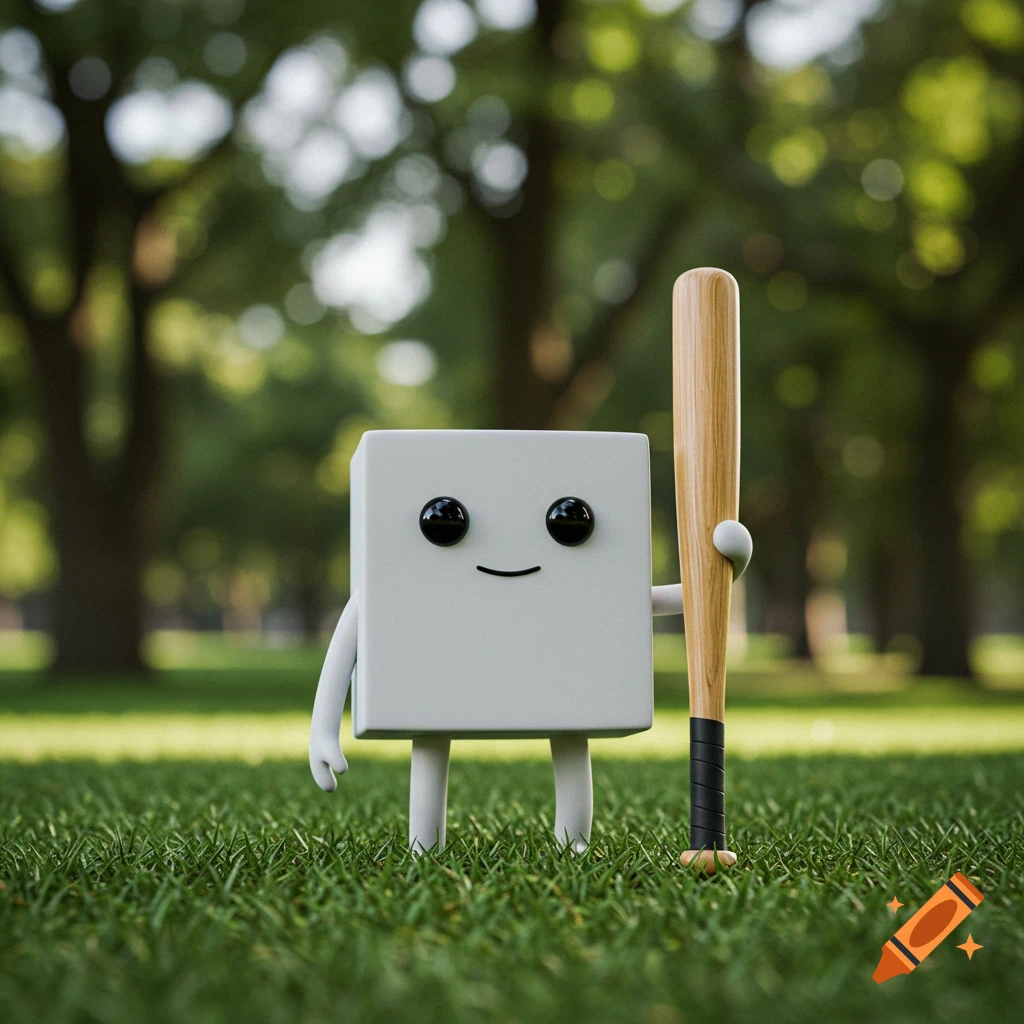 A cute, stylized white cube character with black eyes and a smile stands on green grass, holding a wooden baseball bat.
