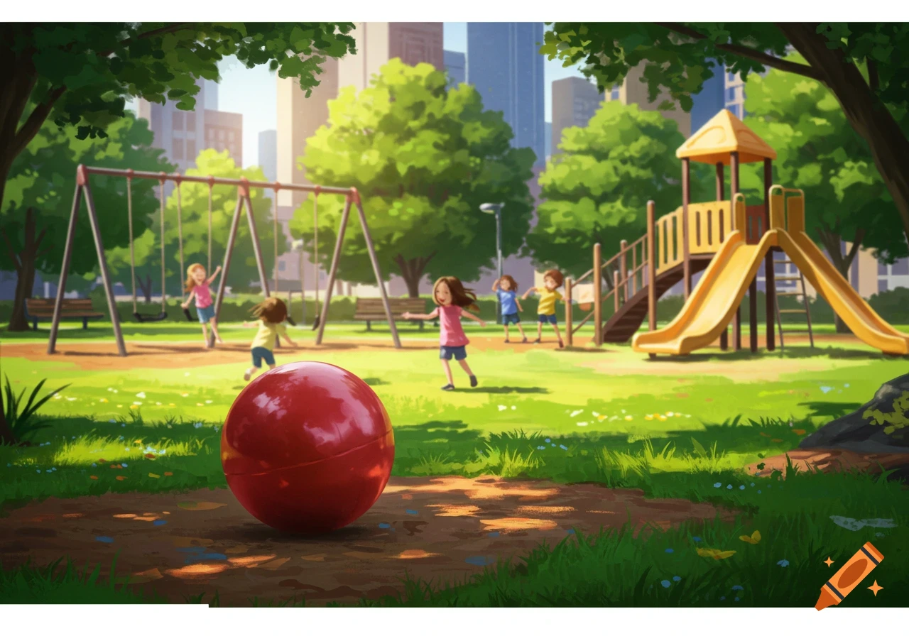 An illustrated playground scene with children playing on swings and a slide, a large red ball in the foreground.