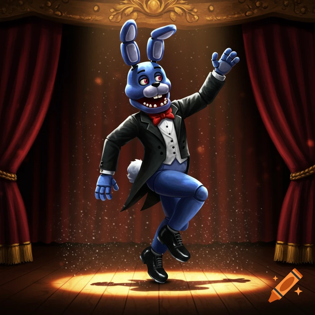 Bonnie Bunny in a tuxedo tap dancing on a spotlighted stage with red curtains.