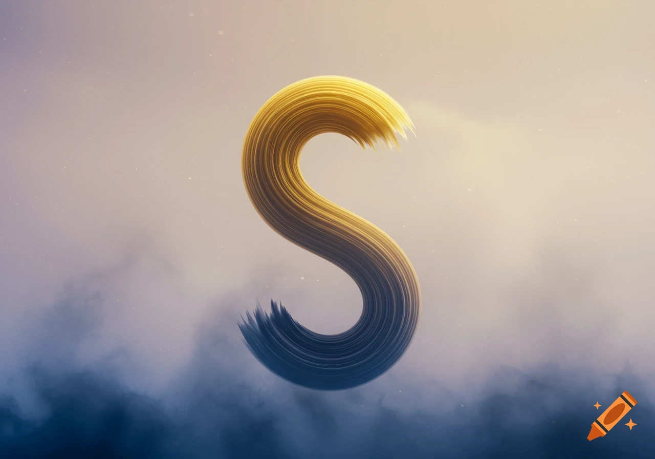 A 3D stylized letter 'S' with a gold to dark blue gradient brushstroke texture, set against a smoky, ethereal background.