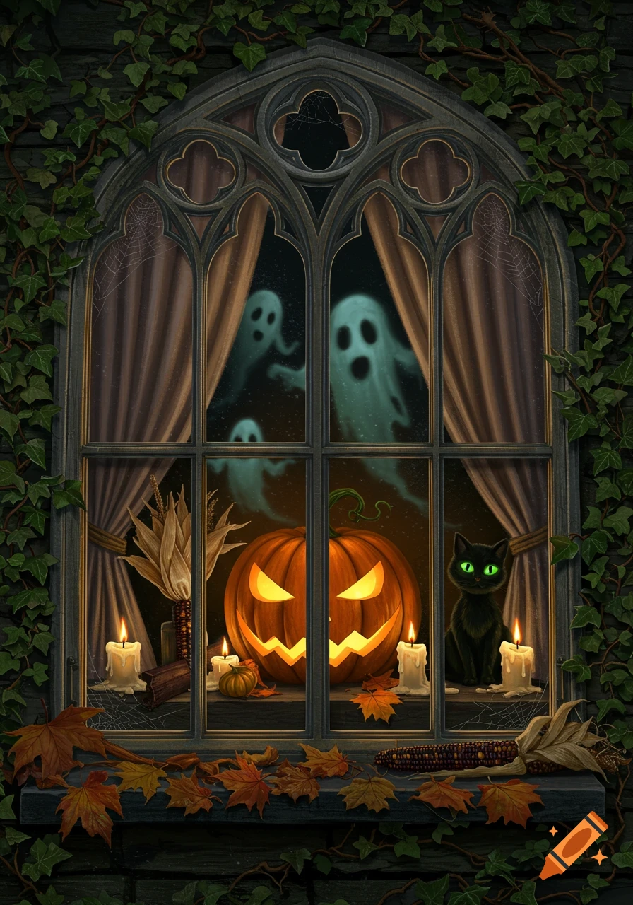 A spooky gothic window scene with ivy, featuring three ghosts, a glowing jack-o'-lantern, a black cat with green eyes, candles, and autumn leaves.