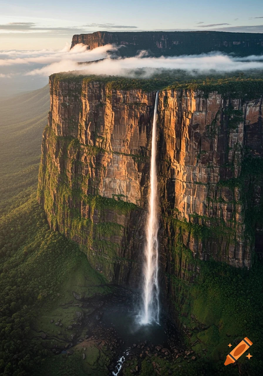 A dramatic view of a tall waterfall plunging down a massive, vine-covered cliff face under a golden sky.