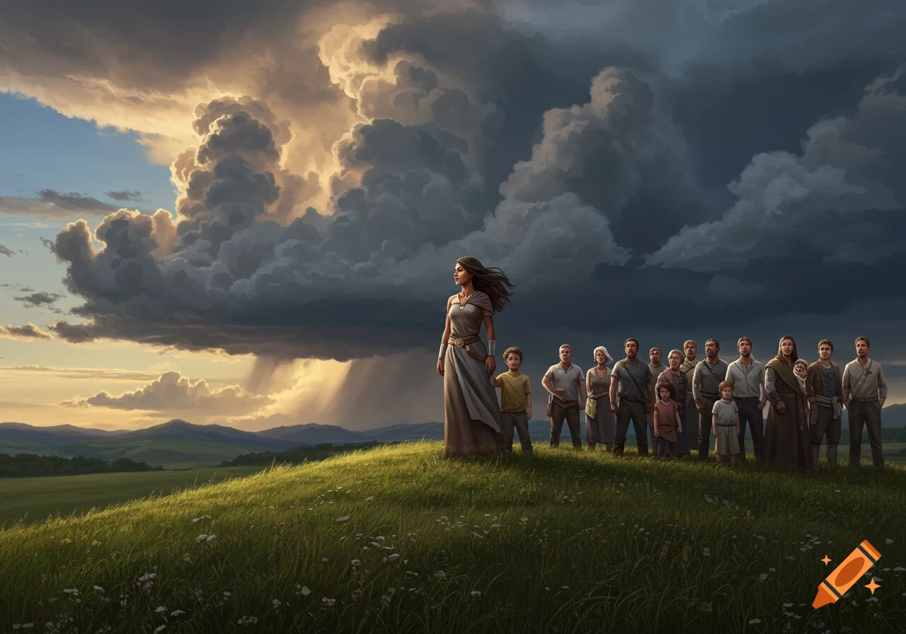 A strong woman stands on a grassy hill with a small boy and a crowd of adults behind her, beneath a dramatic, stormy sky at sunset.