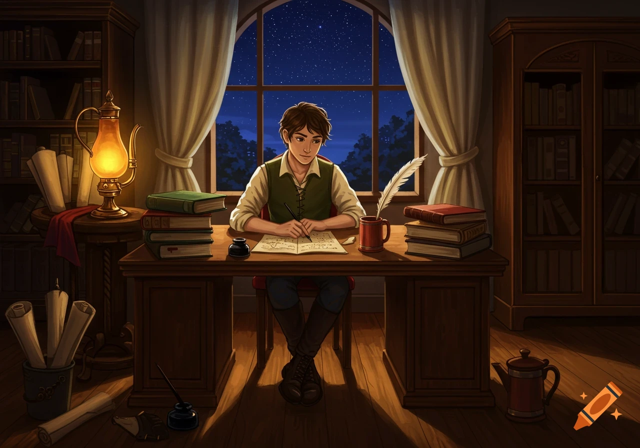 An illustrated young man studies at a wooden desk by lamplight, writing with a quill, with books and a starry night visible through a large window.