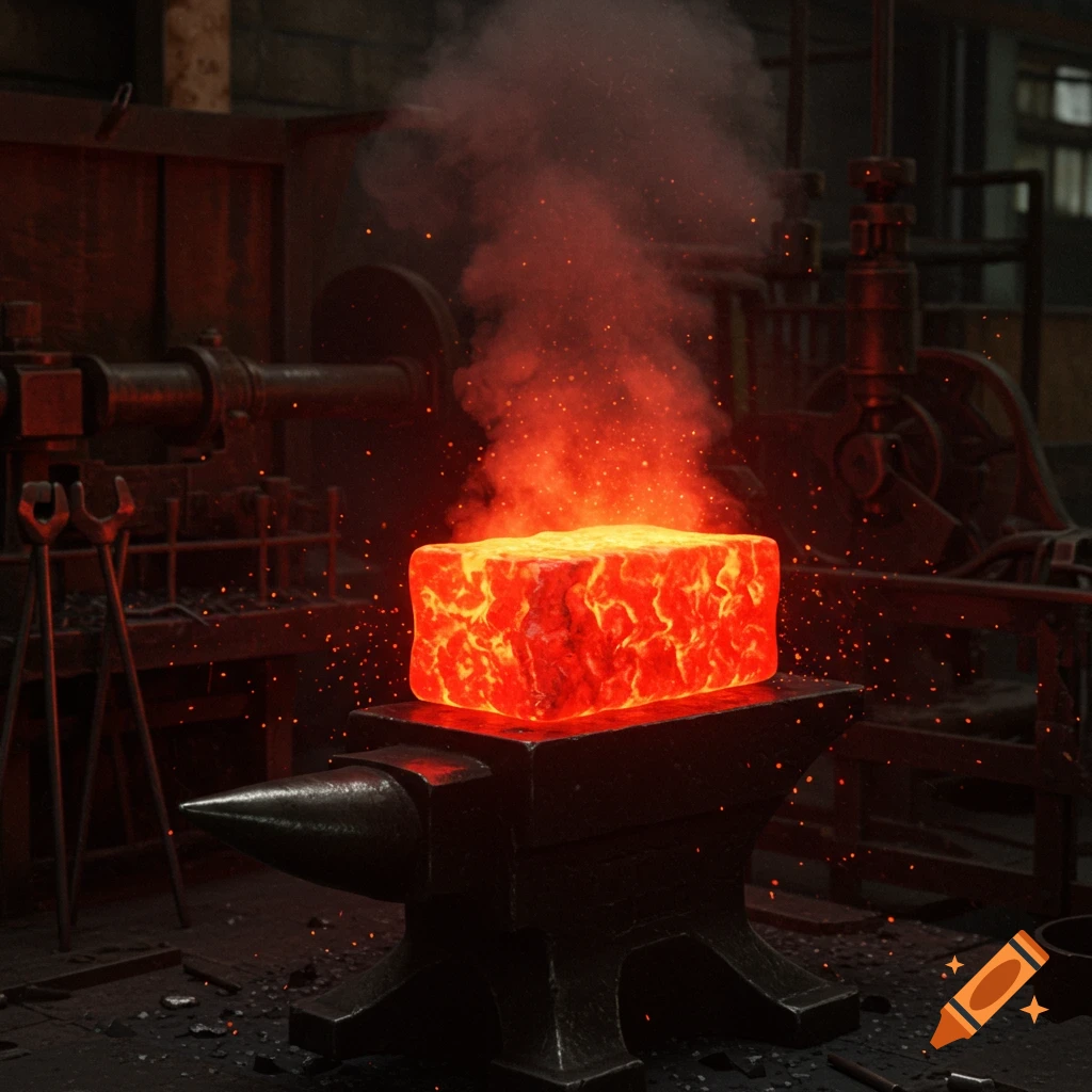 A glowing red-hot metal block sits on a dark anvil in a blacksmith's forge, surrounded by smoke and sparks.