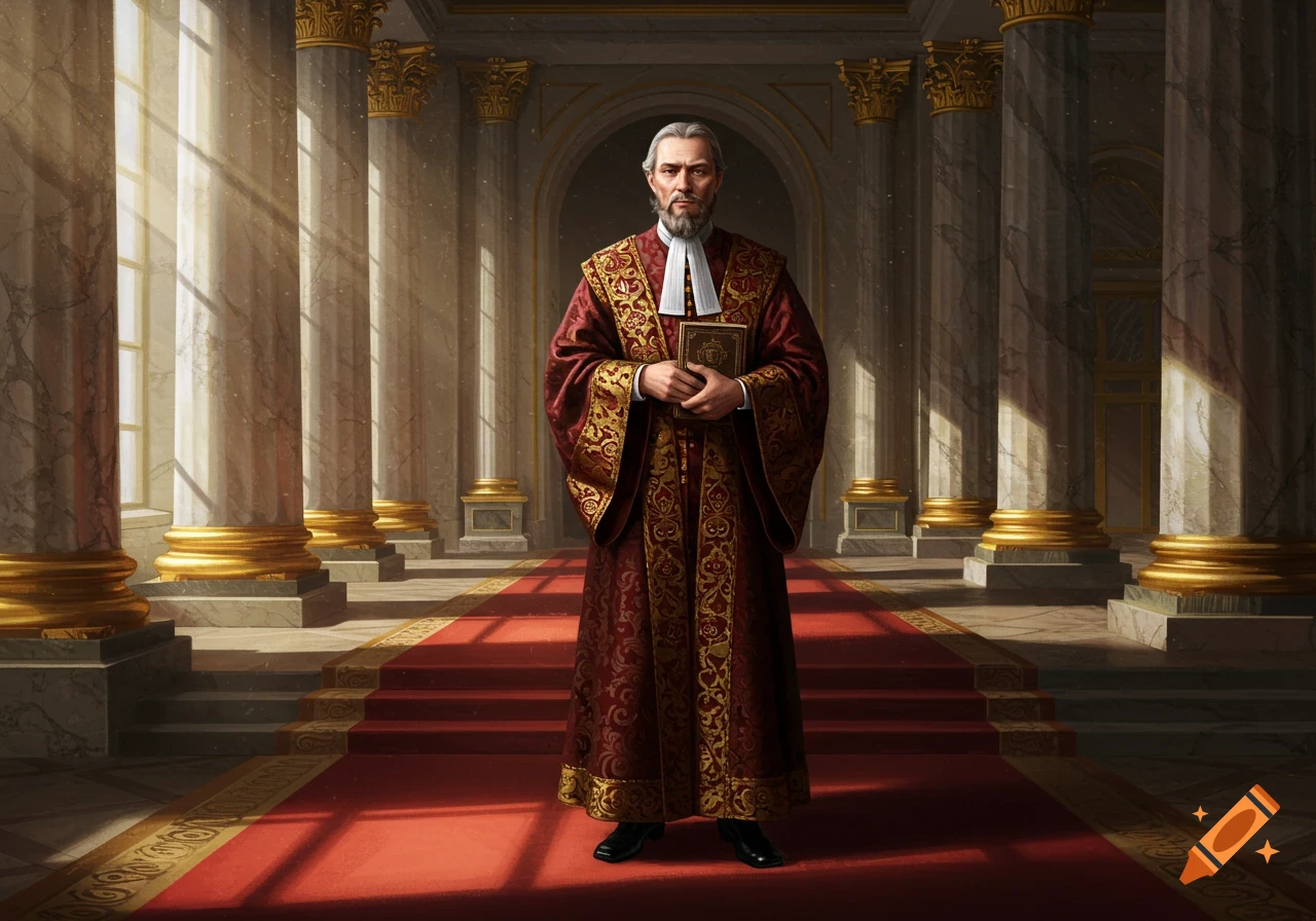 A distinguished man in a red and gold ceremonial robe stands in a grand hall with marble columns and a red carpet, holding a book.