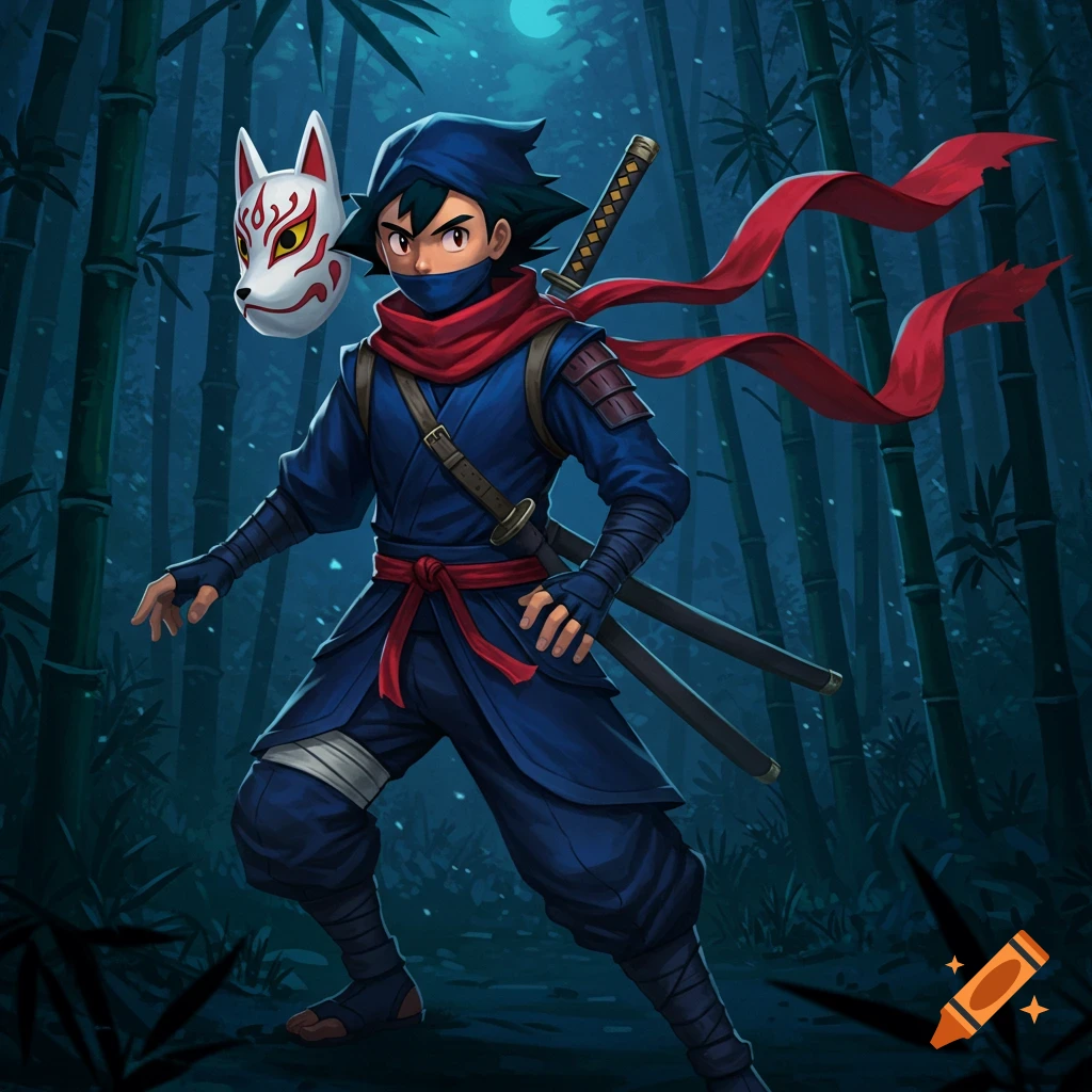 Ash Ketchum as a ninja in a blue suit with a red scarf, holding a fox mask, and two katanas in a bamboo forest at night.
