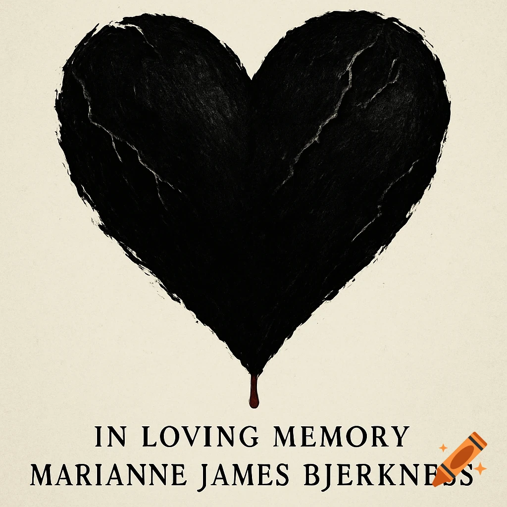 Black distressed heart with cracks and a blood drop, 'IN LOVING MEMORY MARIANNE JAMES BJERKNESS' text.