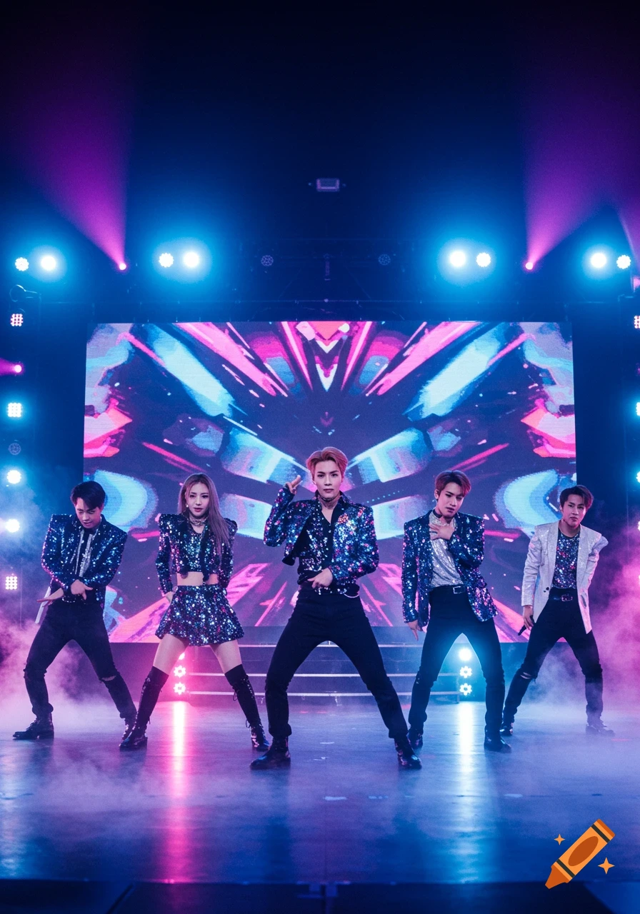 Five K-pop performers in dazzling sequined outfits on a stage bathed in vibrant blue and pink lights, with an abstract LED screen behind them.