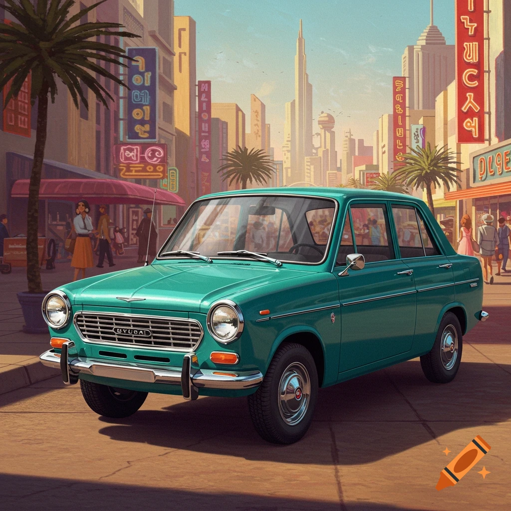 A teal vintage car is parked on a sunlit city street with palm trees and retro buildings under a clear sky.