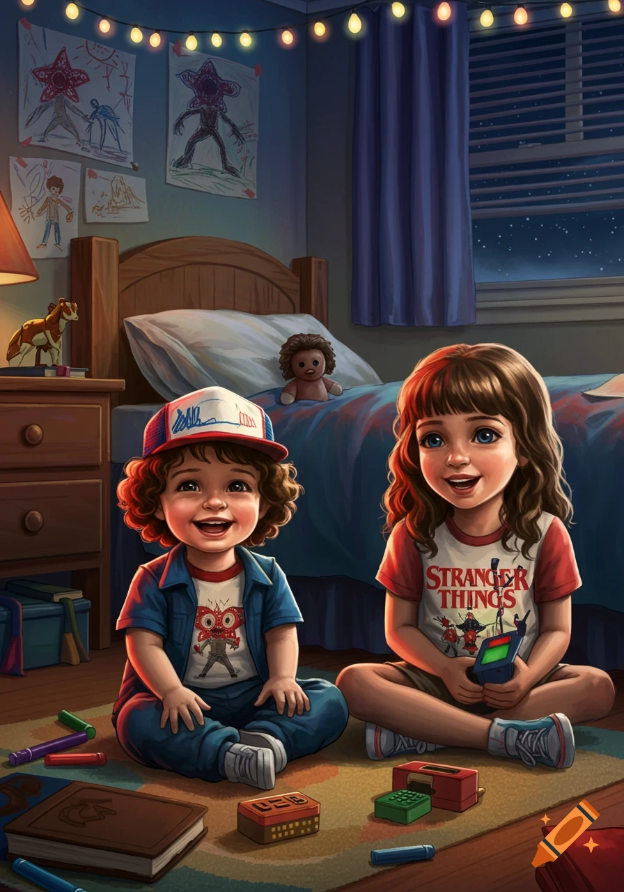 Two smiling toddler versions of Stranger Things characters, Dustin and McKenna, play with toys on a bedroom floor at night. Dustin wears a trucker hat and a t-shirt, McKenna a 'Stranger Things' t-shirt. String lights illuminate the room with crayon drawings.
