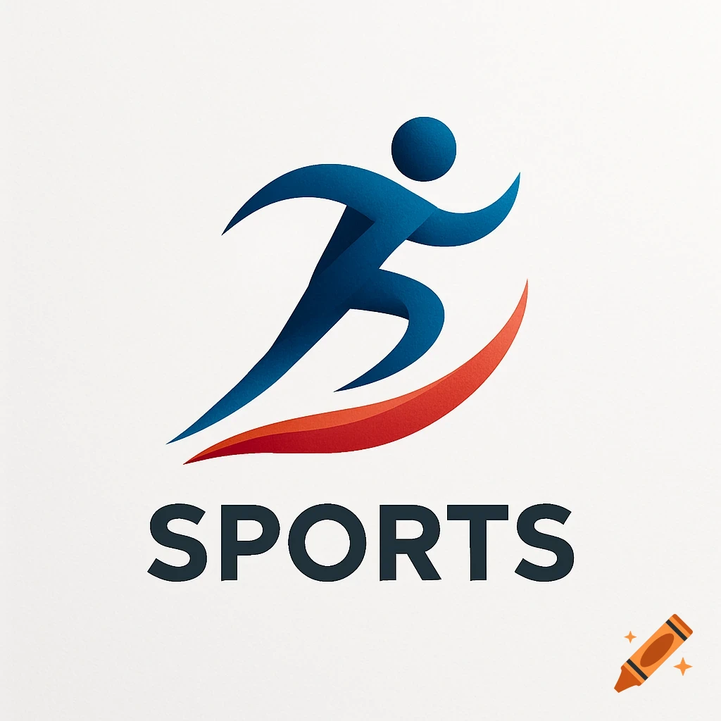 A blue stylized runner icon with a red swoosh, above the bold black word SPORTS, on a white background. Logo design.