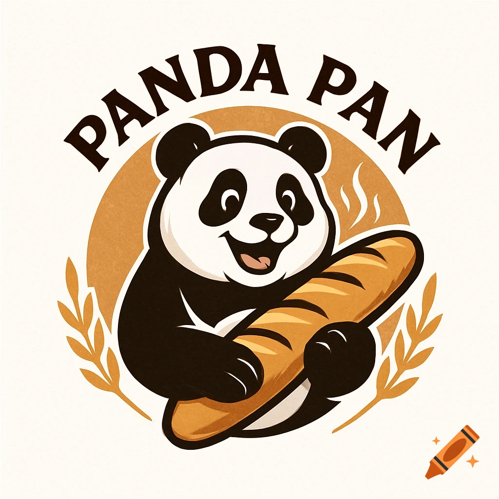 A cheerful cartoon panda logo holds a baguette with 'PANDA PAN' text above it, set against an orange circle and wheat stalks.