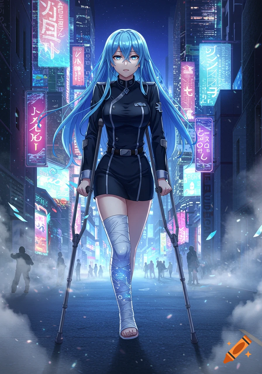 Anime girl with blue hair and blue eyes, in a dark uniform, using crutches with a glowing leg cast, walks down a futuristic neon city street at night.