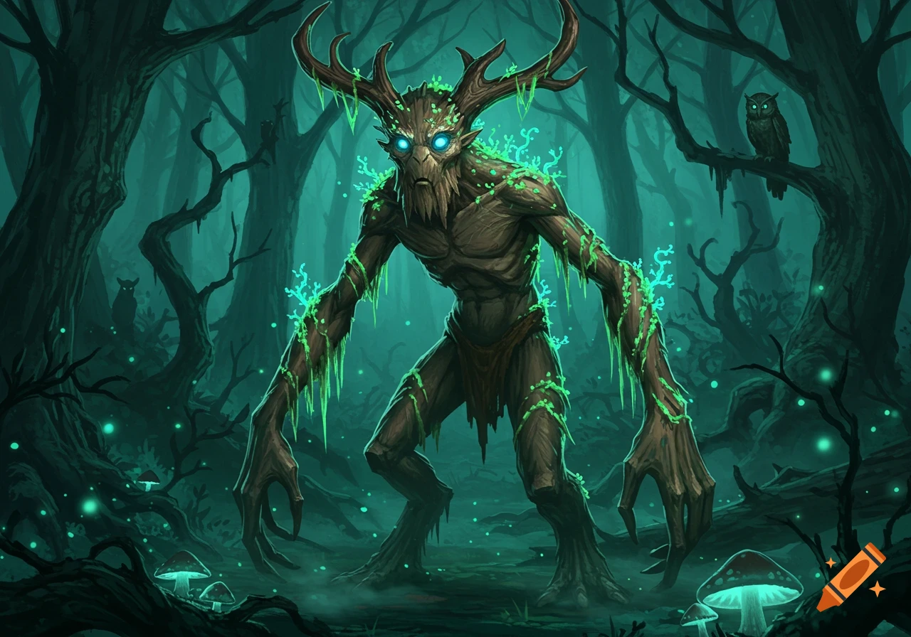 A fantasy tree creature with glowing eyes and antlers in a dark, misty forest with luminous green plants and mushrooms, digital art.