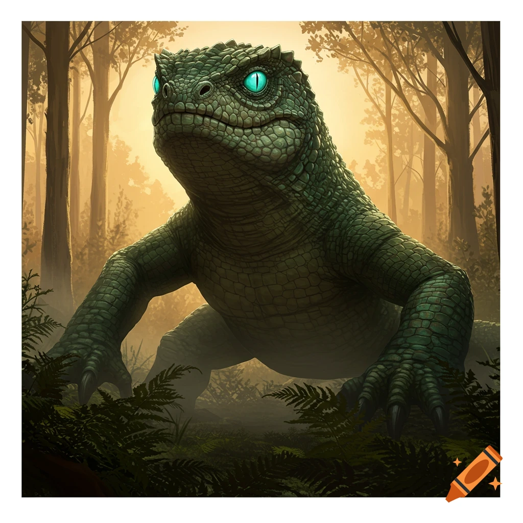 A large, scaly green lizard-like monster with glowing blue eyes in a misty, sun-drenched forest.