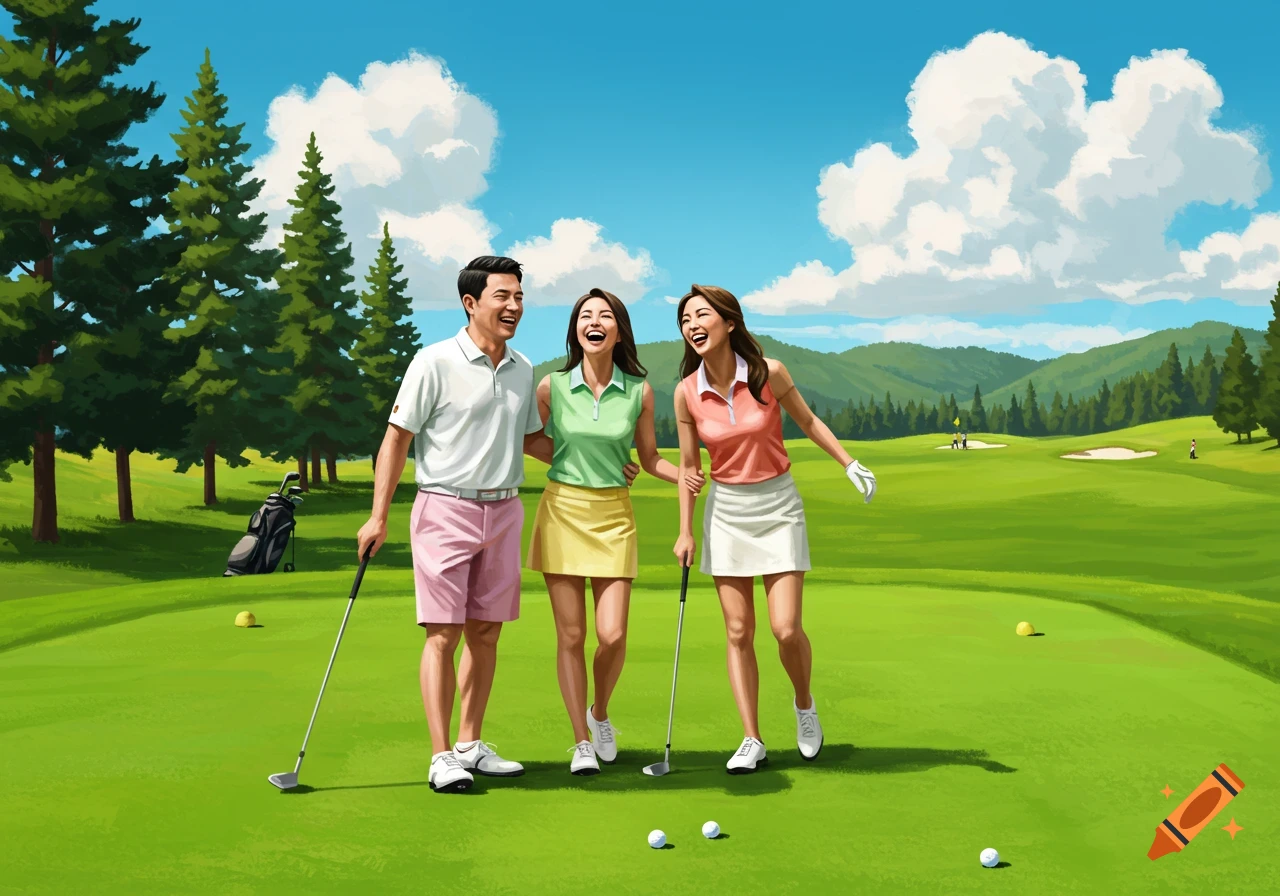 An illustration of a man and two women laughing on a sunny golf course, holding golf clubs.