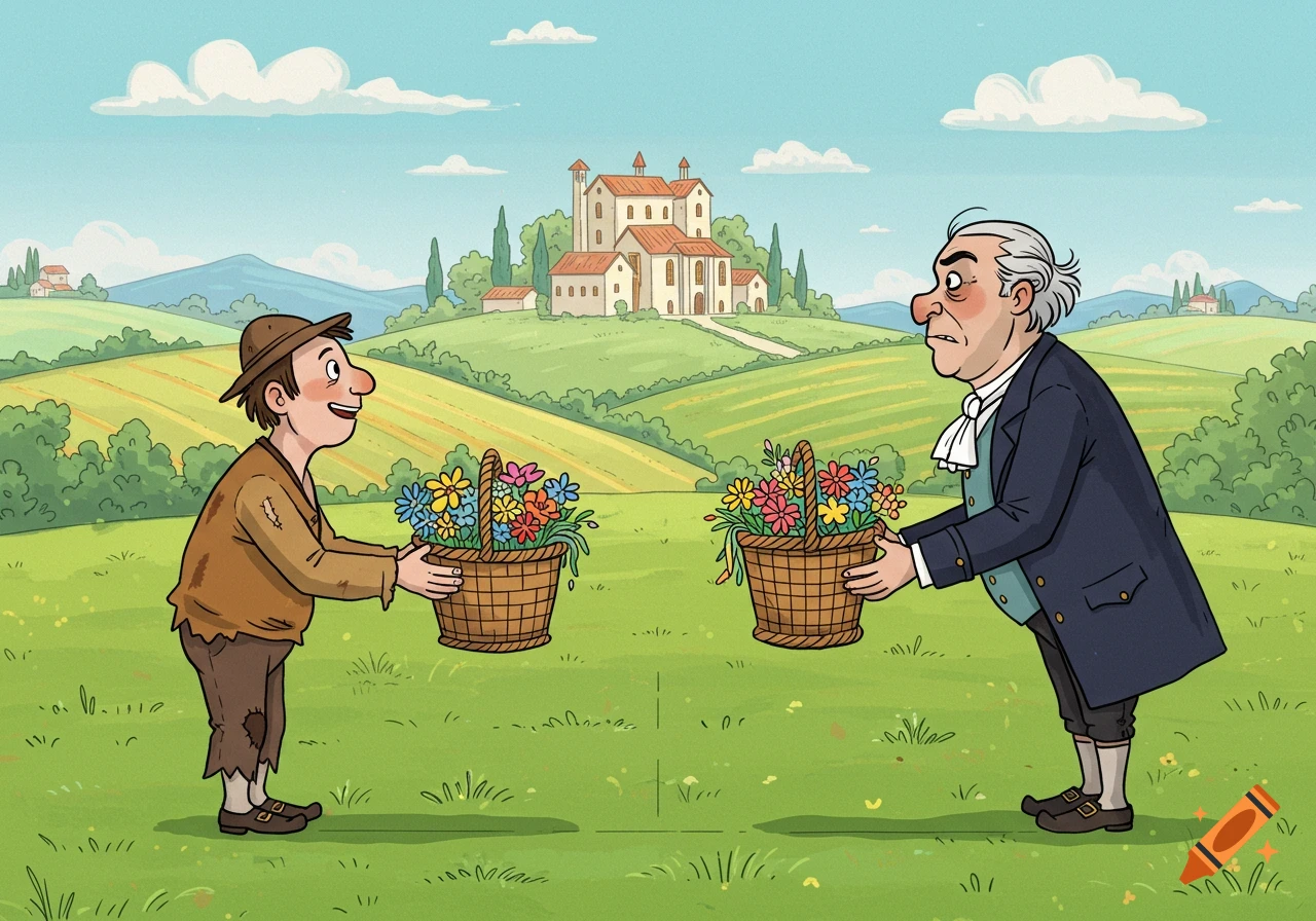 A cartoon of a smiling poor man and a surprised rich man, each holding a basket of flowers, facing each other in a green field with a villa.
