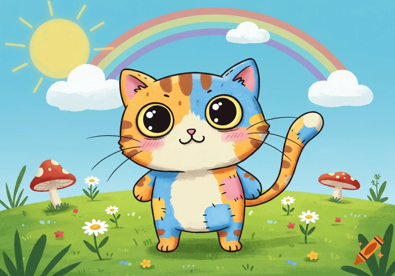 A cute blue and orange cartoon cat with big eyes stands in a green field with daisies, mushrooms, a sun, and a rainbow.