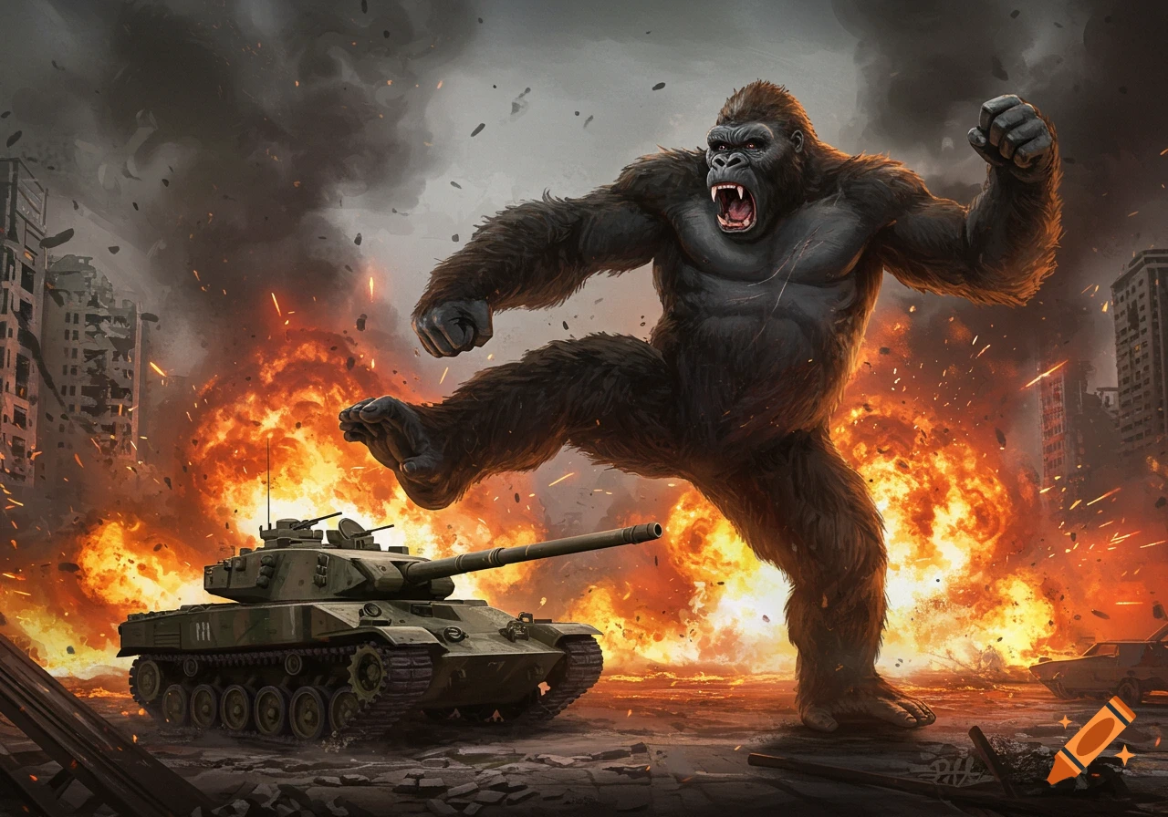 A giant gorilla, King Kong, kicking a military tank in a burning, destroyed city.