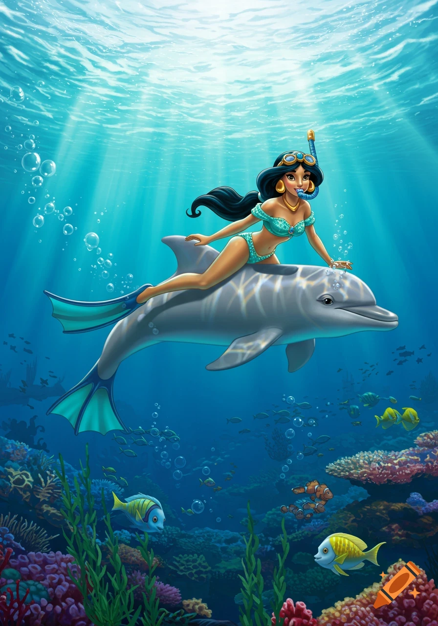 Cartoon illustration of Princess Jasmine in a bikini with snorkel gear, riding a dolphin underwater above a colorful coral reef.